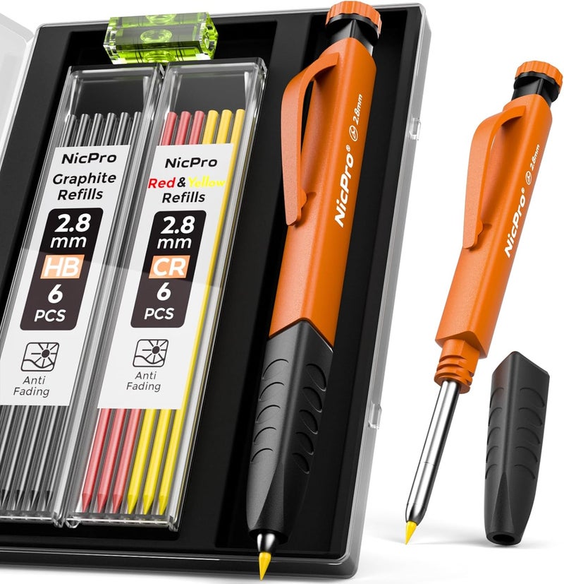 Nicpro Upgraded 3-IN-1 Carpenter Pencils with Sharpener & Finger Grip, Construction Pencil with 13 Leads, Deep Hole Marking Tool, Solid Mechanical Pencil for Carpenters Scriber Architect Woodworking - Image 1